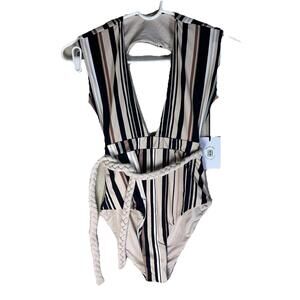 Revel Rey Women's One Piece Swim Suit Striped Belted Flattering Sz Xs NWT